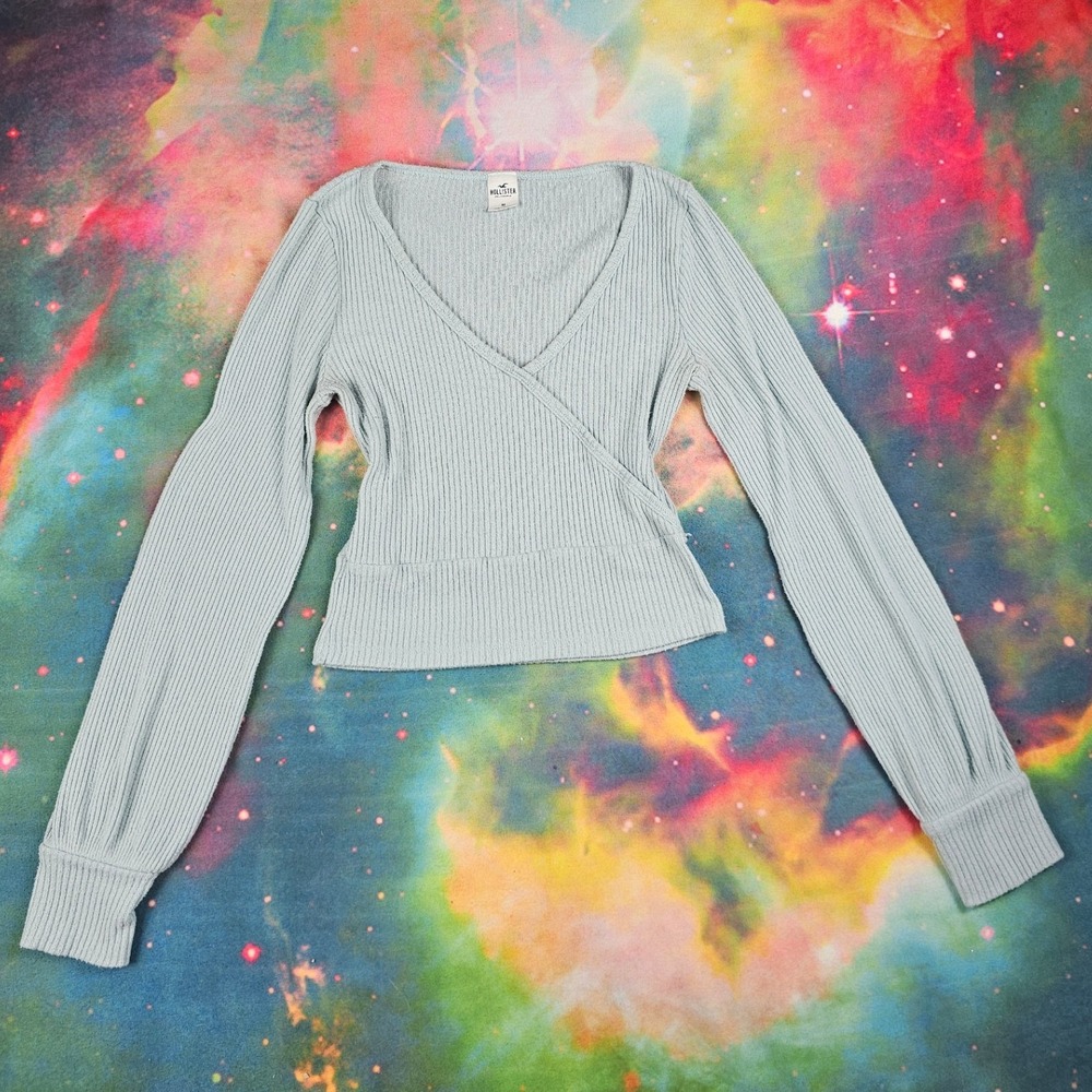 Hollister Long Sleeve Wrap Top Ribbed Knit Crop Light Blue
